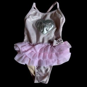 Juicy Couture Pink and Silver Sparkly 1 piece bathing suit with Tutu Girls 2T